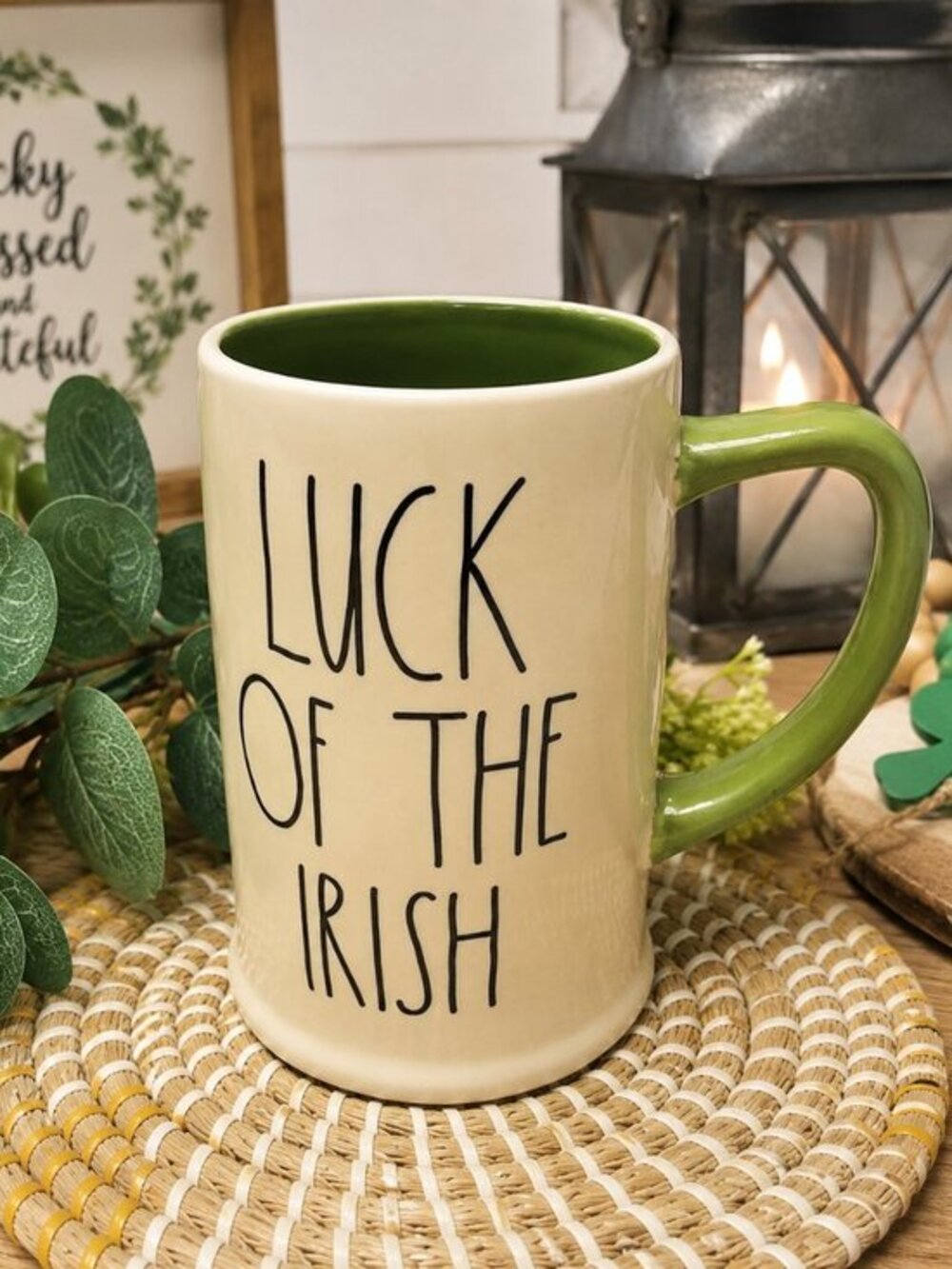 Rae Dunn LUCK OF THE IRISH Beer Stein Green St Patrick’s Day NWT